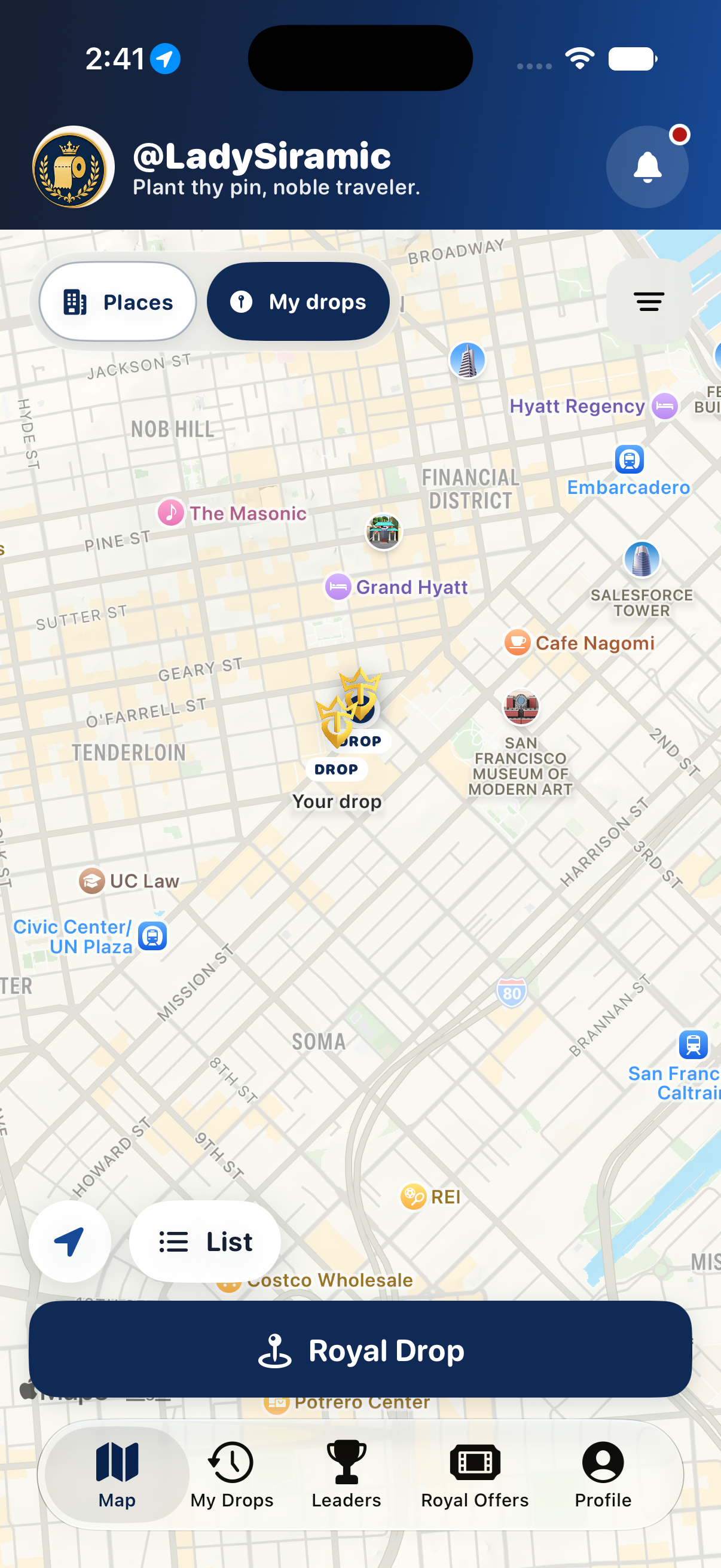 ThroneKing map screenshot with nearby places and Royal Drop button.